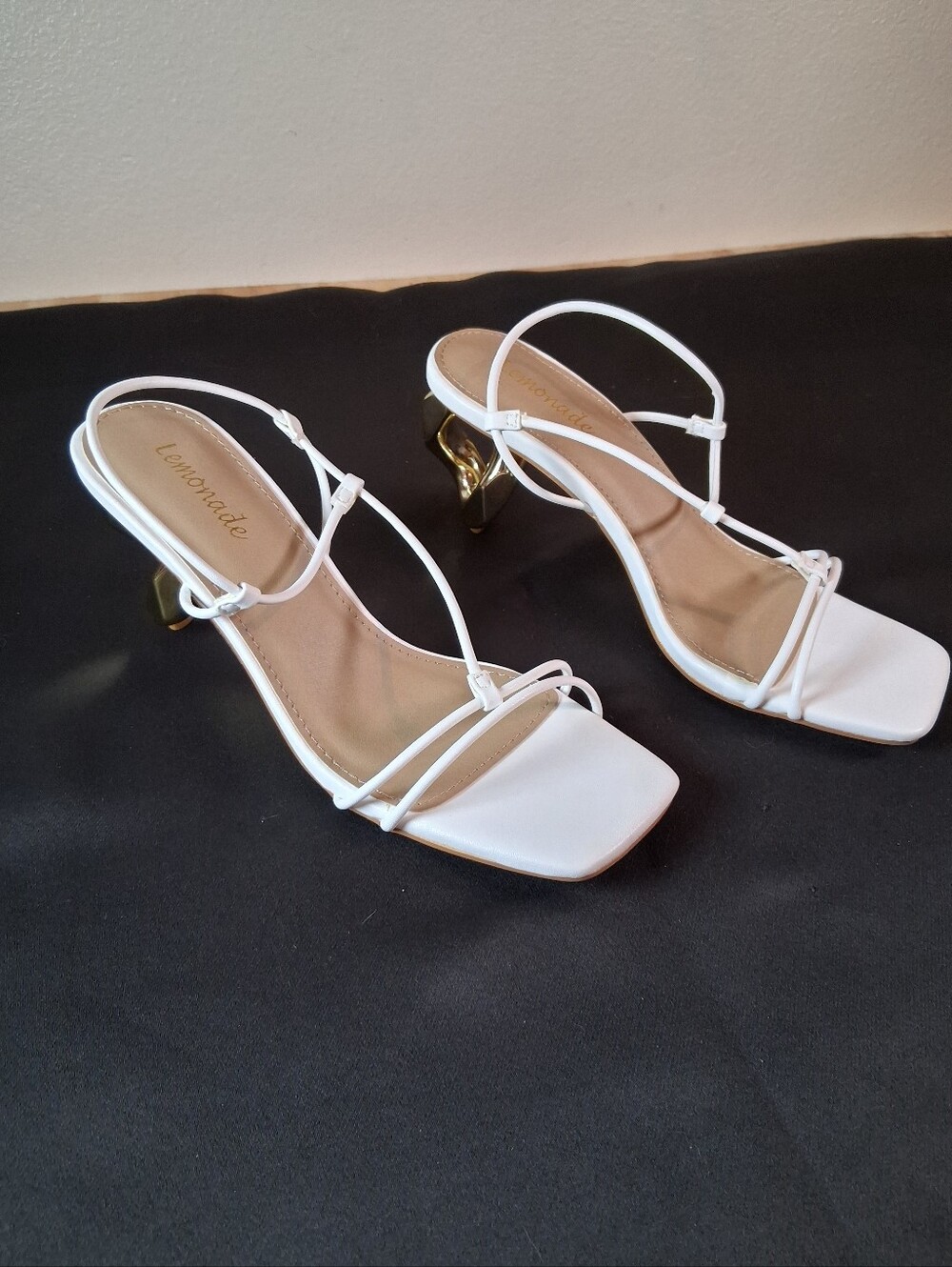 Lemonade White Strappy Sandals with Gold Sculpted Heel (Sku5)